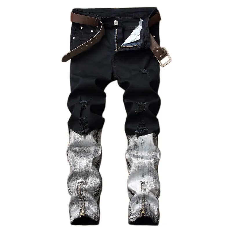 New Men's Ripped Jeans Zipper Straight Pants Streetwear Jeans