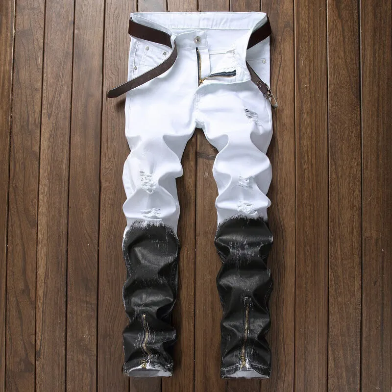 New Men's Ripped Jeans Zipper Straight Pants Streetwear Jeans