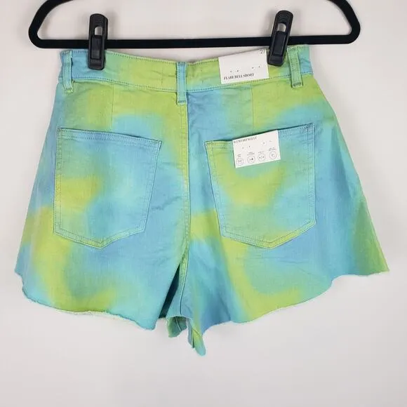 NWT WeWoreWhat Twill Flare Bell Tie Dye Frayed Hem High Rise Denim Shorts 26