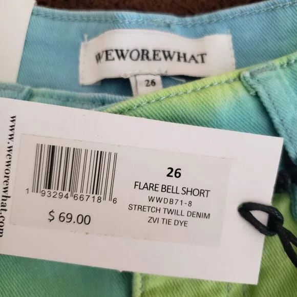 NWT WeWoreWhat Twill Flare Bell Tie Dye Frayed Hem High Rise Denim Shorts 26