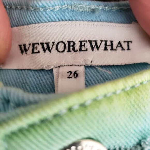 NWT WeWoreWhat Twill Flare Bell Tie Dye Frayed Hem High Rise Denim Shorts 26