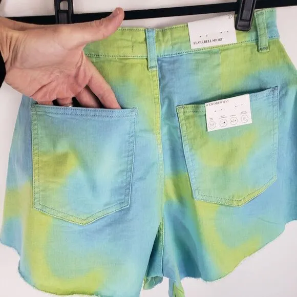 NWT WeWoreWhat Twill Flare Bell Tie Dye Frayed Hem High Rise Denim Shorts 26