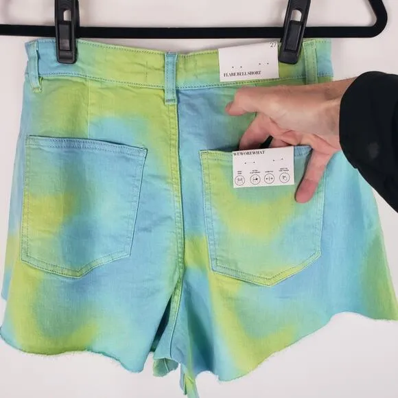 NWT WeWoreWhat Twill Flare Bell Tie Dye Frayed Hem High Rise Denim Shorts 26