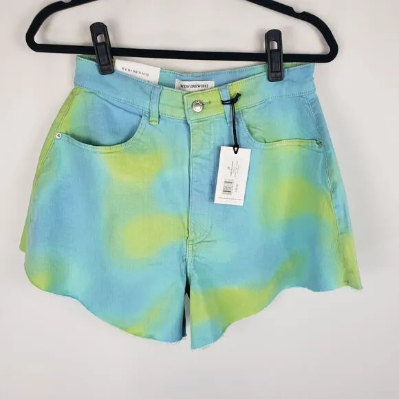 NWT WeWoreWhat Twill Flare Bell Tie Dye Frayed Hem High Rise Denim Shorts 26