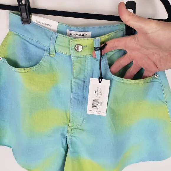 NWT WeWoreWhat Twill Flare Bell Tie Dye Frayed Hem High Rise Denim Shorts 26