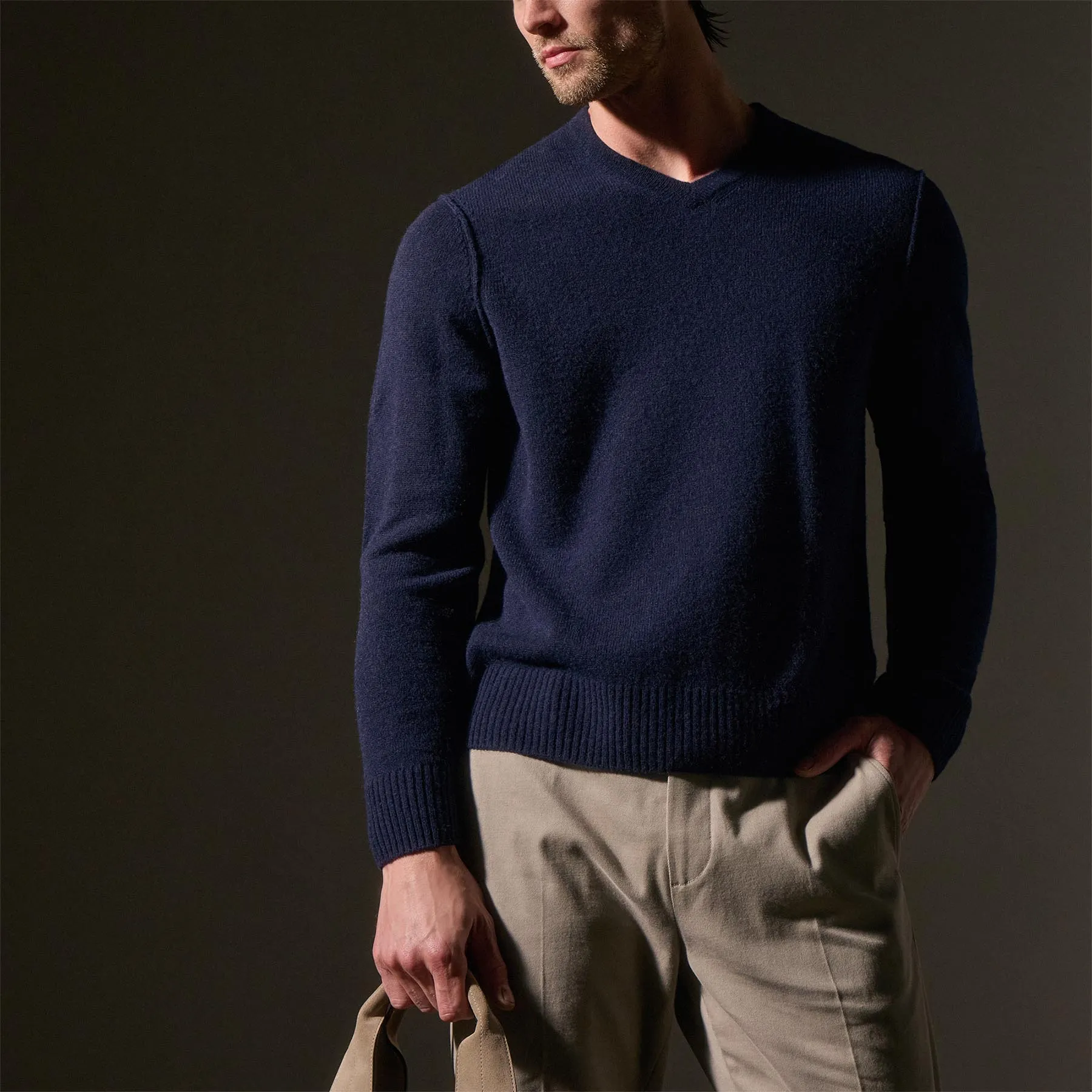 Open Knit Cashmere V Neck - Navy