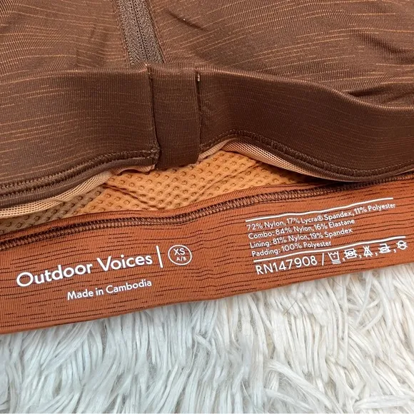 OUTDOOR VOICES Brown Tan Zipper Front Padded Sport Bra XS A/B Yoga Gym Support