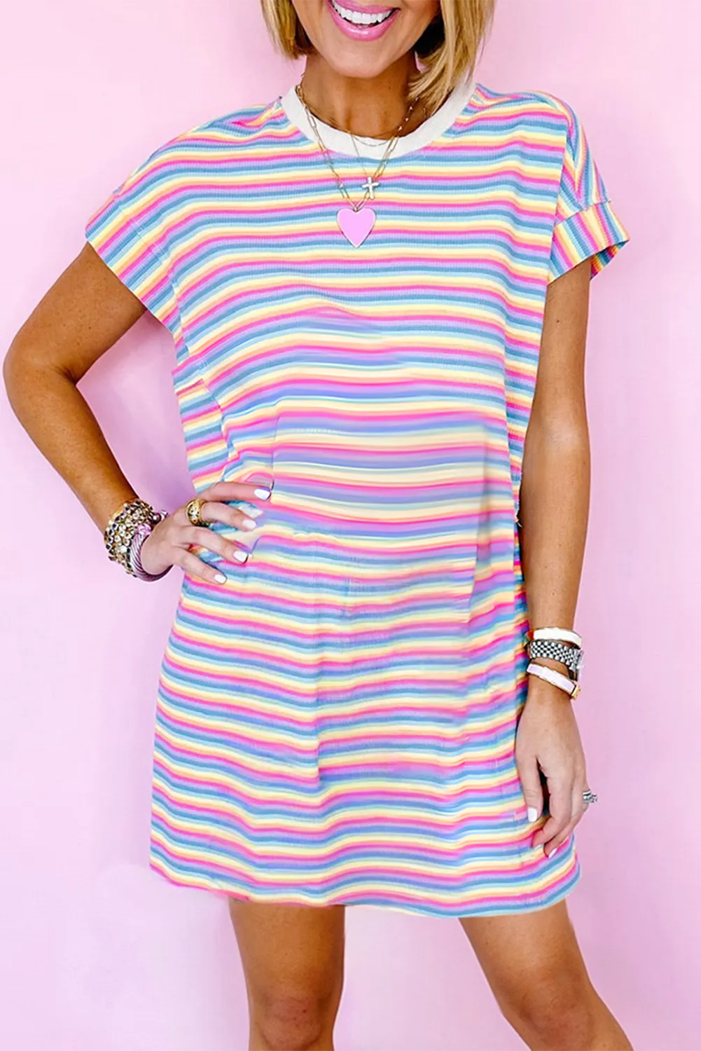 Pink Stripe Crew Neck T Shirt Dress