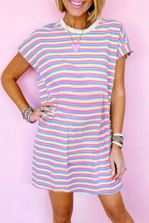 Pink Stripe Crew Neck T Shirt Dress