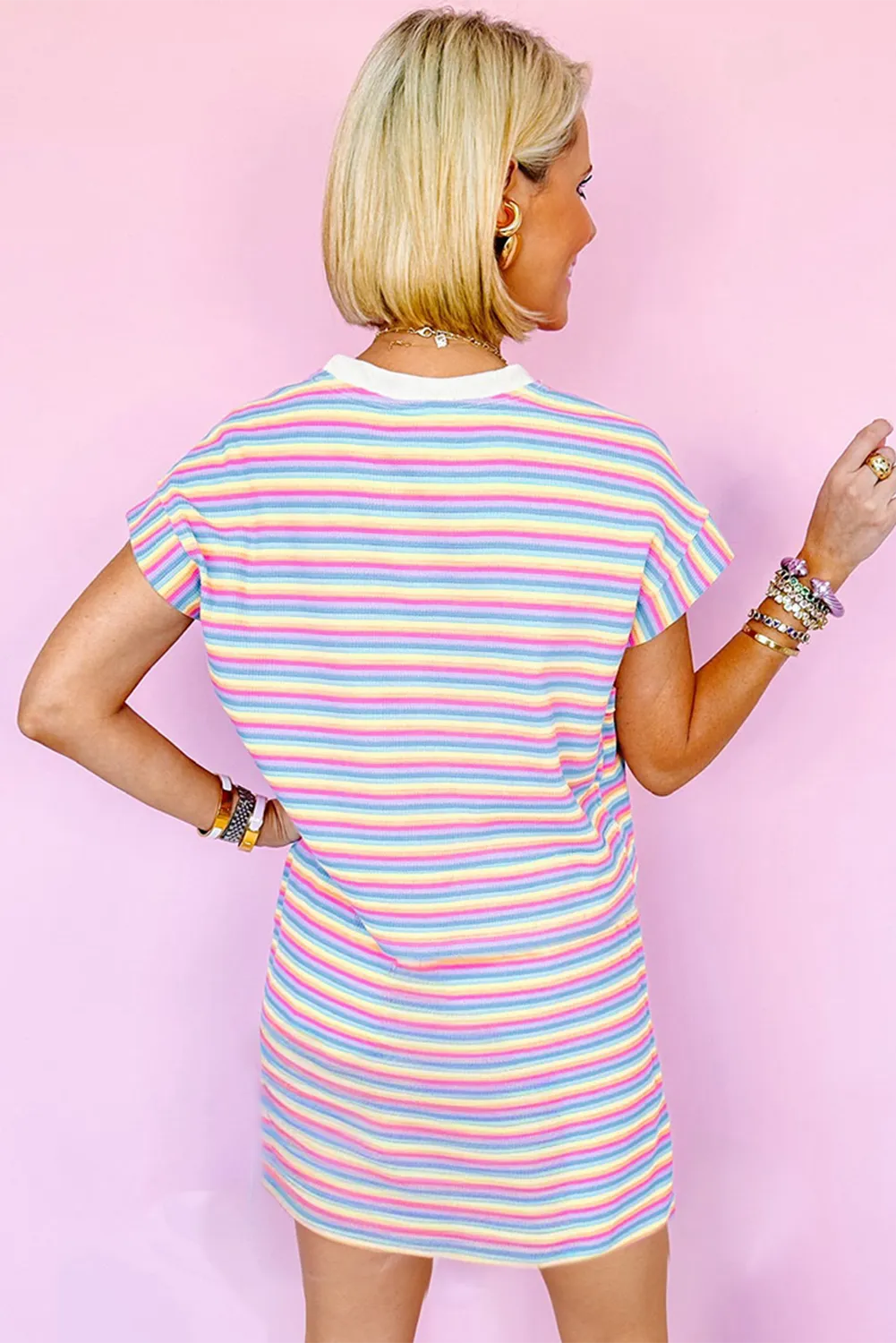 Pink Stripe Crew Neck T Shirt Dress