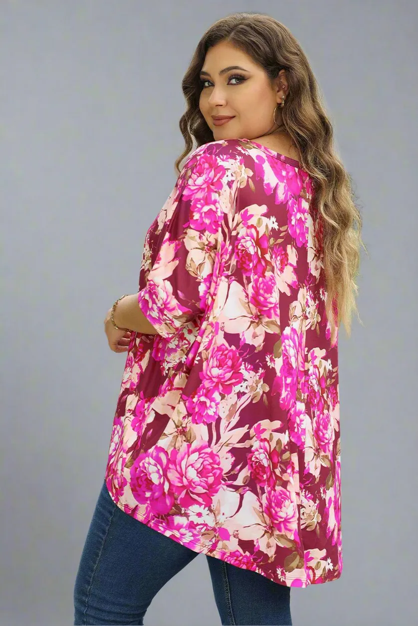Plus Size Red Floral Print Short Sleeve Blouse
