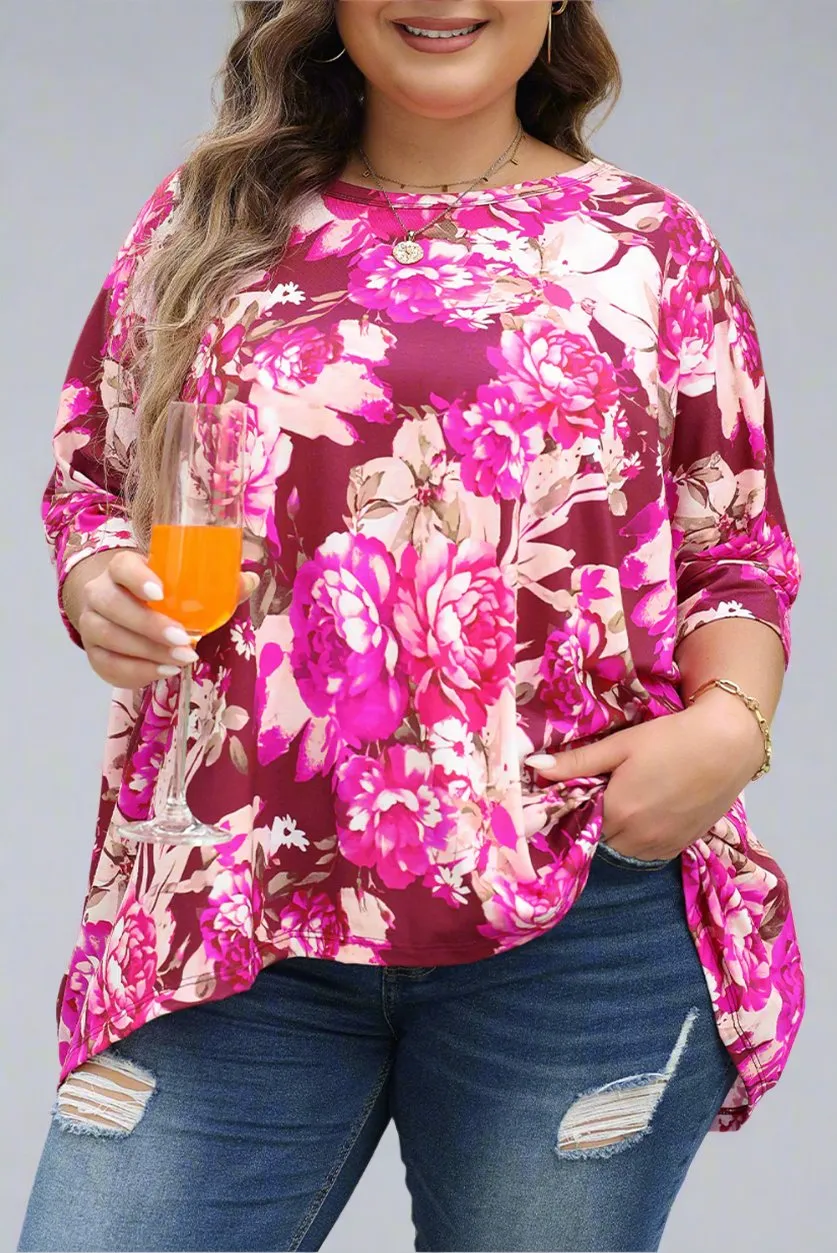 Plus Size Red Floral Print Short Sleeve Blouse