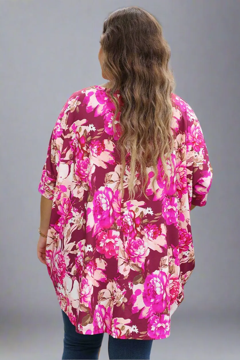 Plus Size Red Floral Print Short Sleeve Blouse