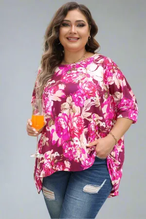 Plus Size Red Floral Print Short Sleeve Blouse
