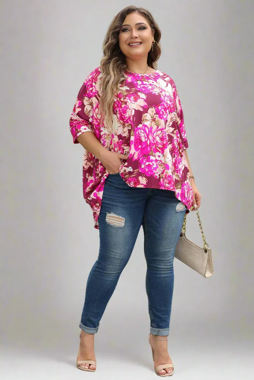 Plus Size Red Floral Print Short Sleeve Blouse