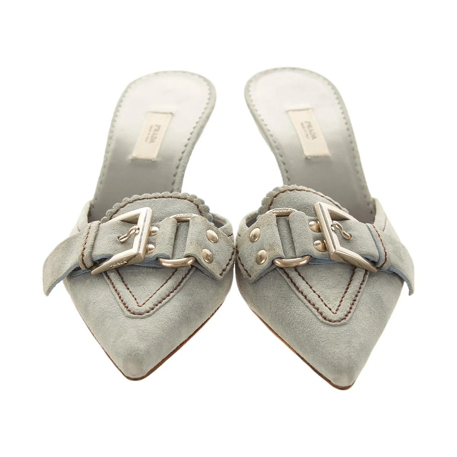 Prada Baby Blue Suede Buckle Kitten Heels