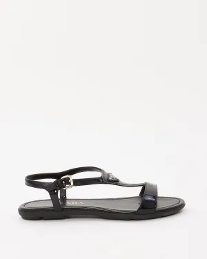 Prada Black Patent Leather Logo Strappy Flat Sandals - 36.5