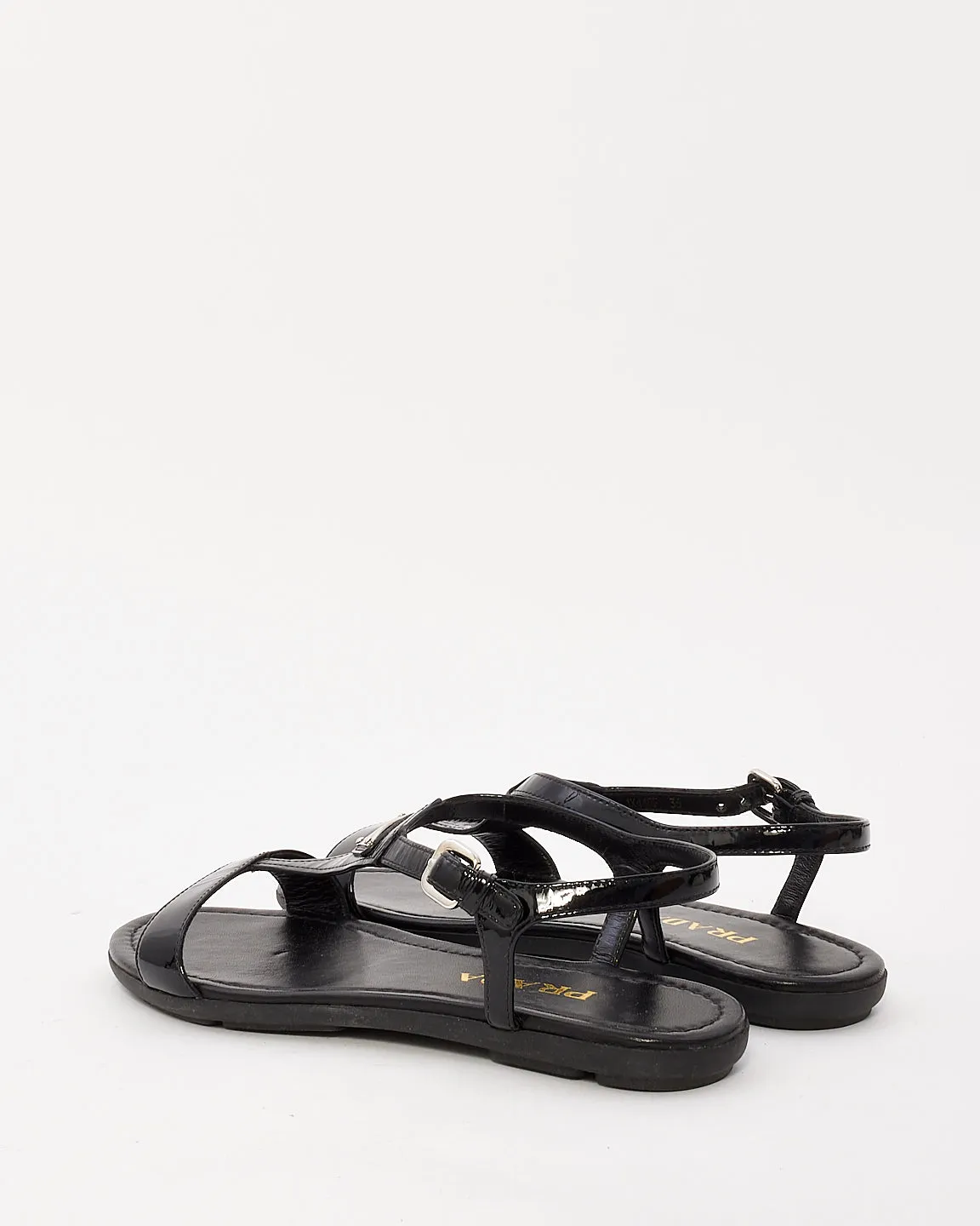 Prada Black Patent Leather Logo Strappy Flat Sandals - 36.5