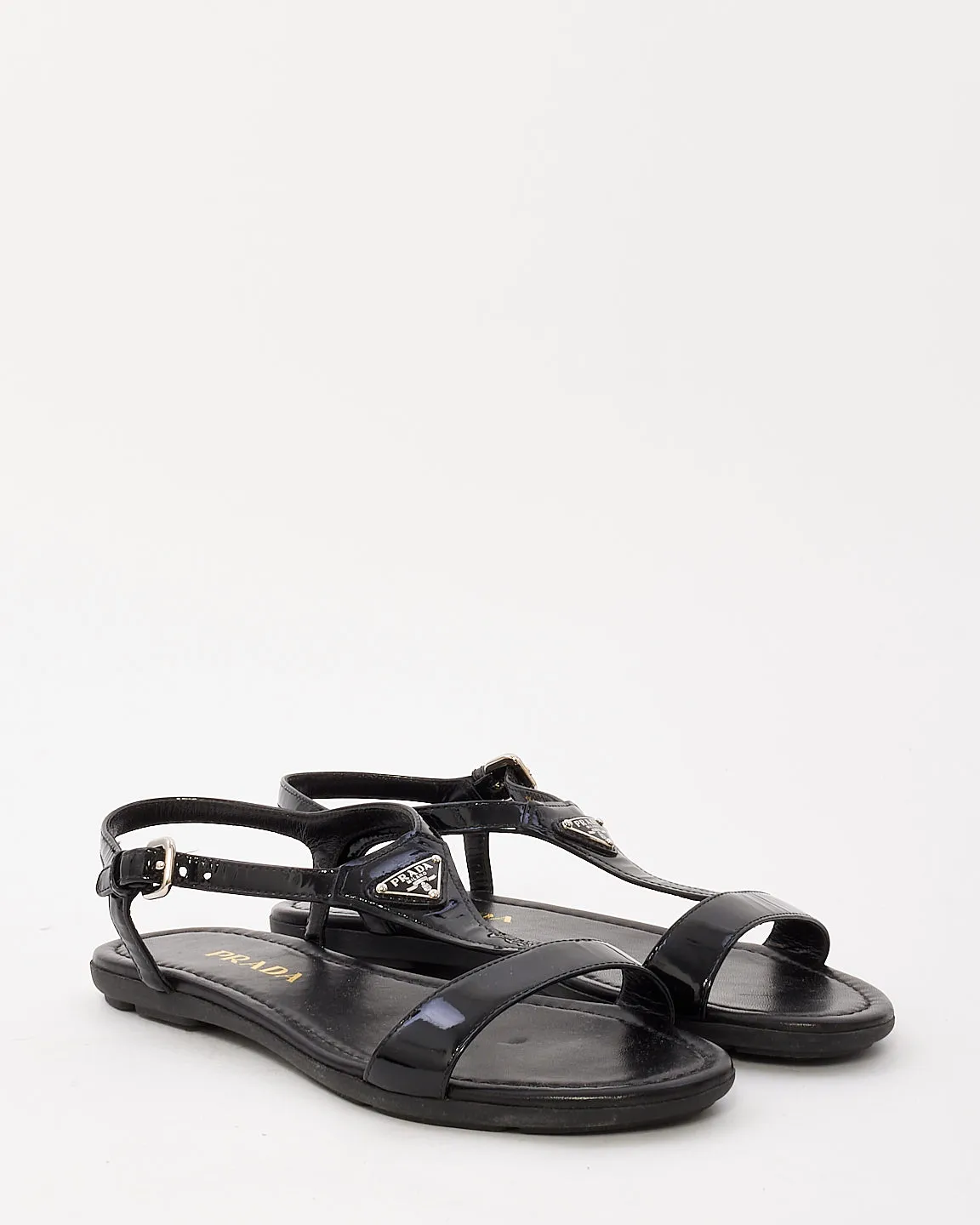 Prada Black Patent Leather Logo Strappy Flat Sandals - 36.5