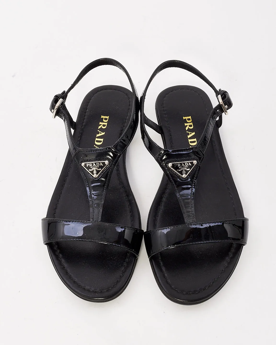 Prada Black Patent Leather Logo Strappy Flat Sandals - 36.5