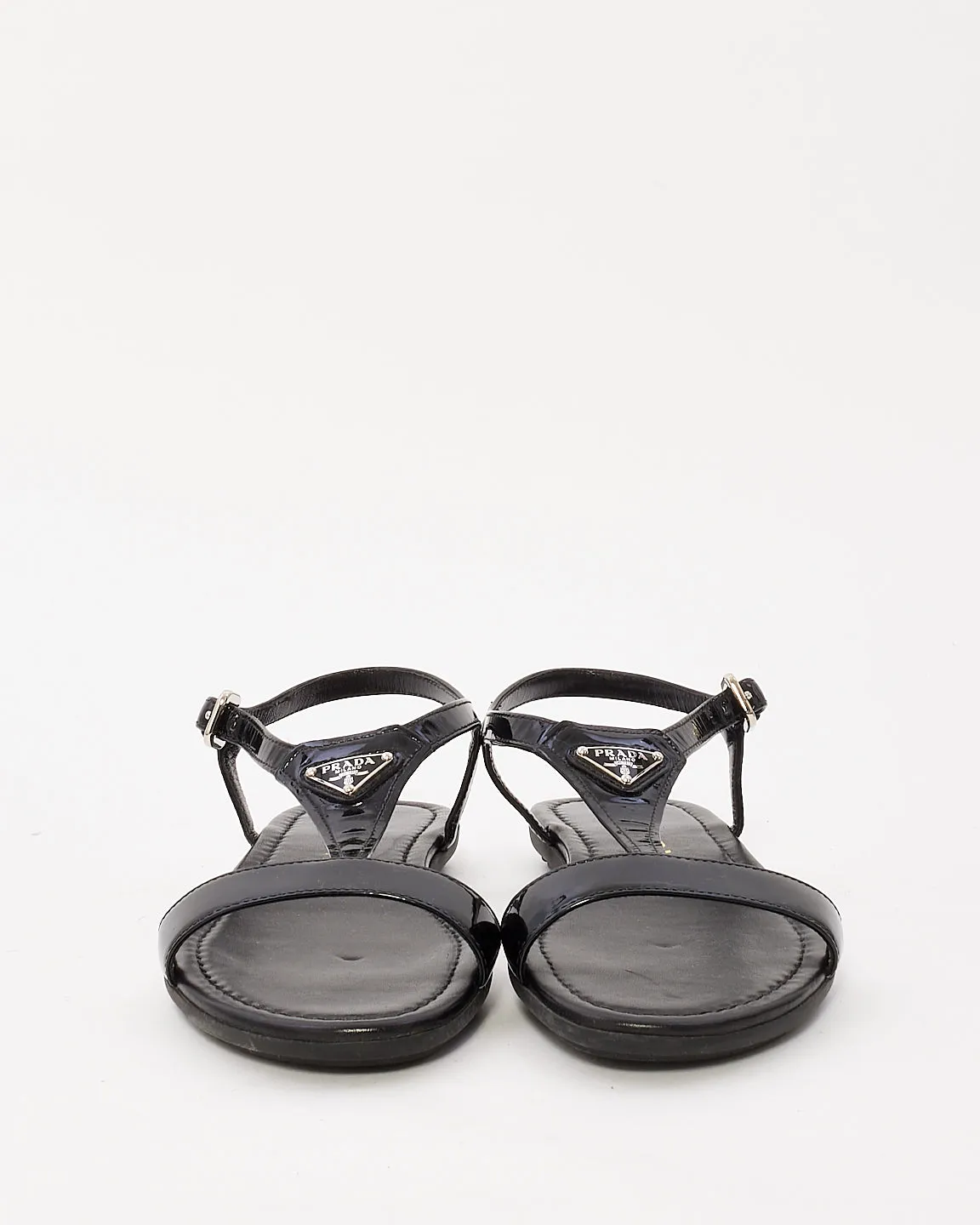Prada Black Patent Leather Logo Strappy Flat Sandals - 36.5