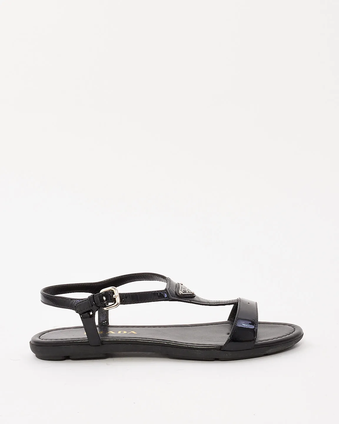 Prada Black Patent Leather Logo Strappy Flat Sandals - 36.5