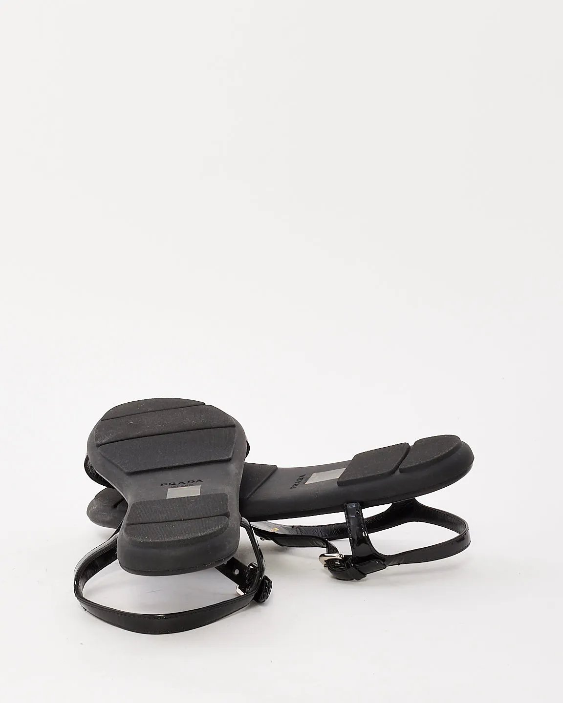 Prada Black Patent Leather Logo Strappy Flat Sandals - 36.5