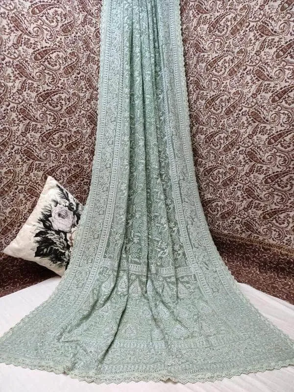 Pure Georgette Chikankari Saree with Lukhnowi Work