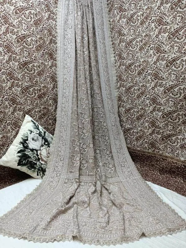 Pure Georgette Chikankari Saree with Lukhnowi Work