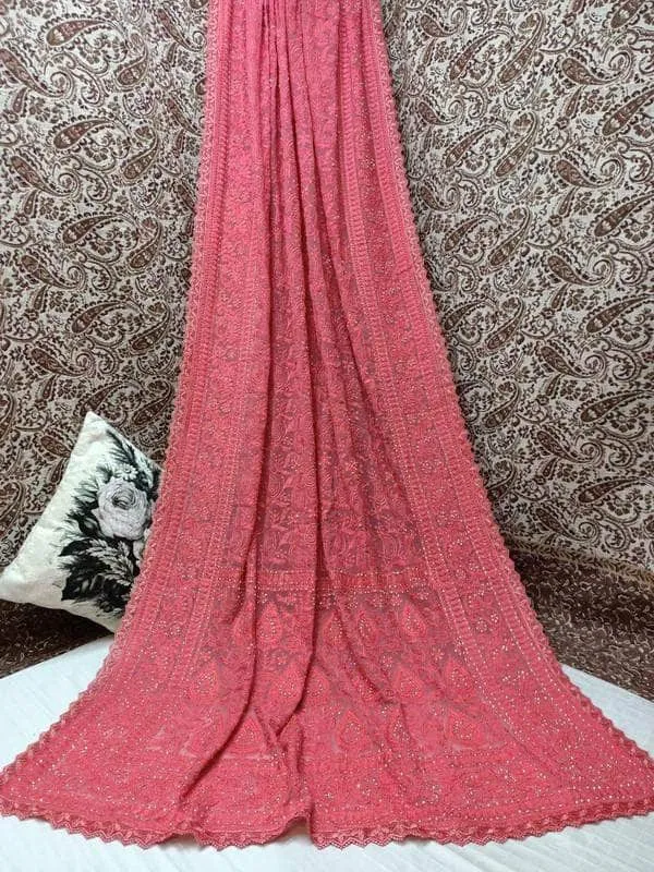 Pure Georgette Chikankari Saree with Lukhnowi Work