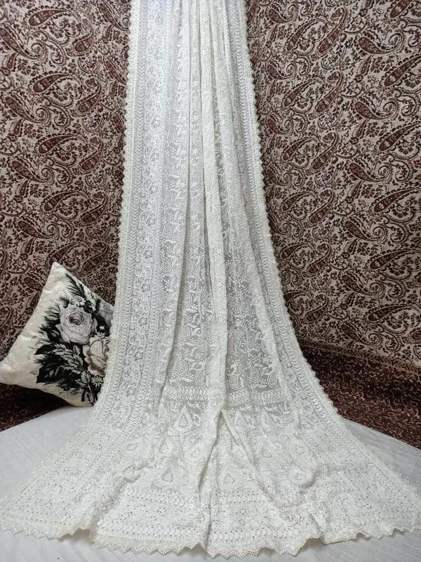Pure Georgette Chikankari Saree with Lukhnowi Work