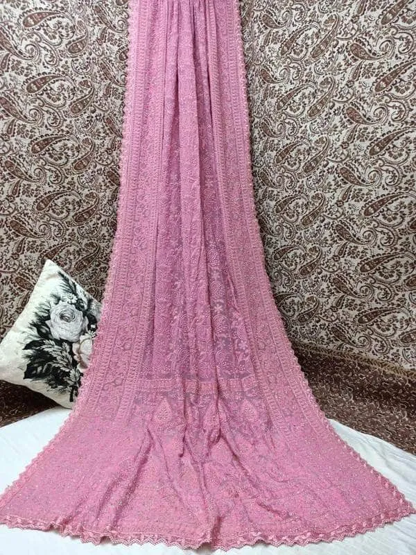 Pure Georgette Chikankari Saree with Lukhnowi Work