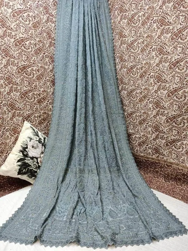 Pure Georgette Chikankari Saree with Lukhnowi Work
