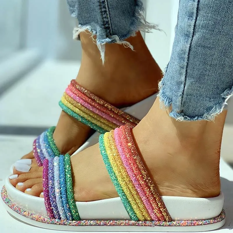Rainbow Striped Open Toe Flat Slipper