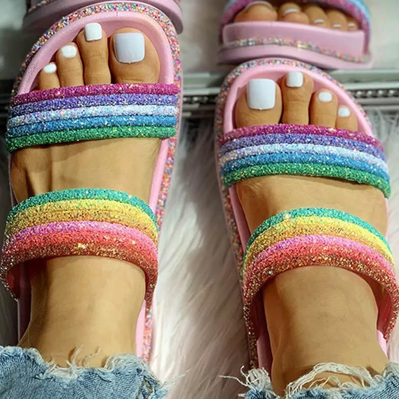 Rainbow Striped Open Toe Flat Slipper
