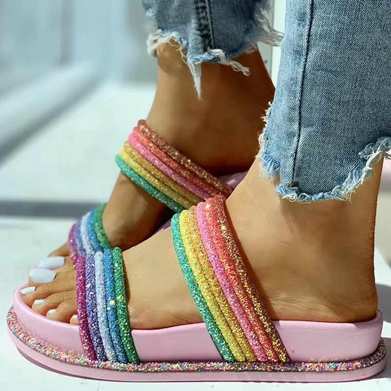 Rainbow Striped Open Toe Flat Slipper