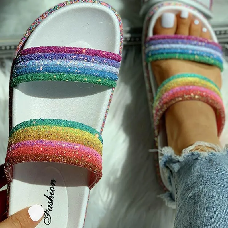 Rainbow Striped Open Toe Flat Slipper