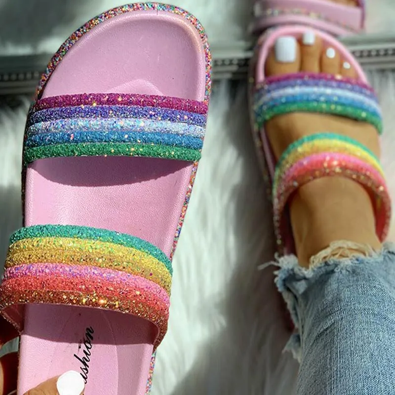 Rainbow Striped Open Toe Flat Slipper