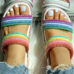 Rainbow Striped Open Toe Flat Slipper