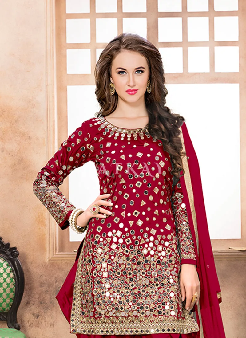 Red Mirror Work Punjabi Suit