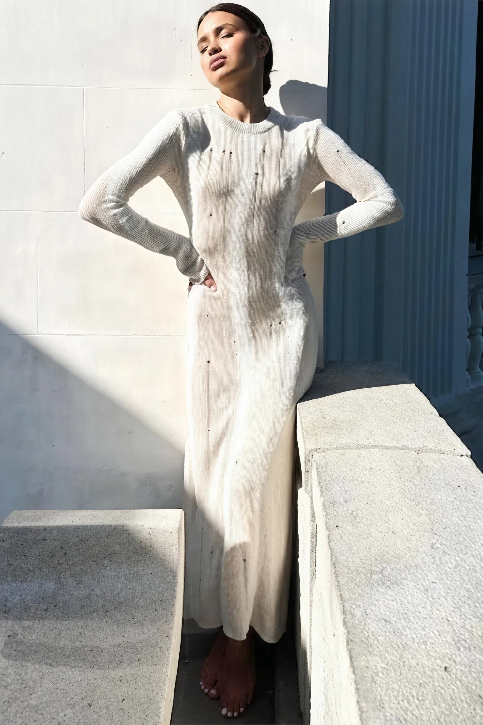 Ribbed Knit Dress with Perforated Detail