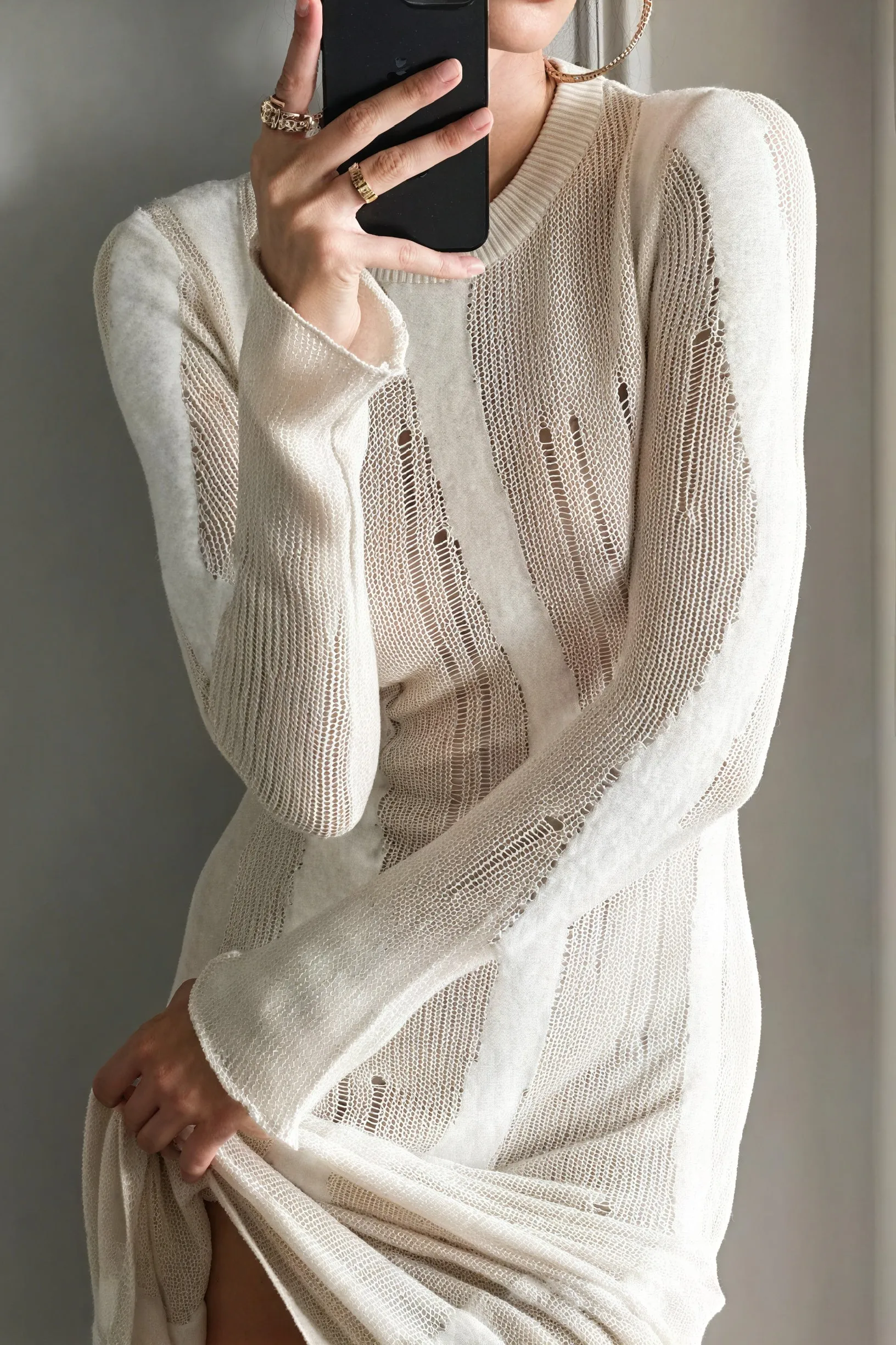 Ribbed Knit Dress with Perforated Detail
