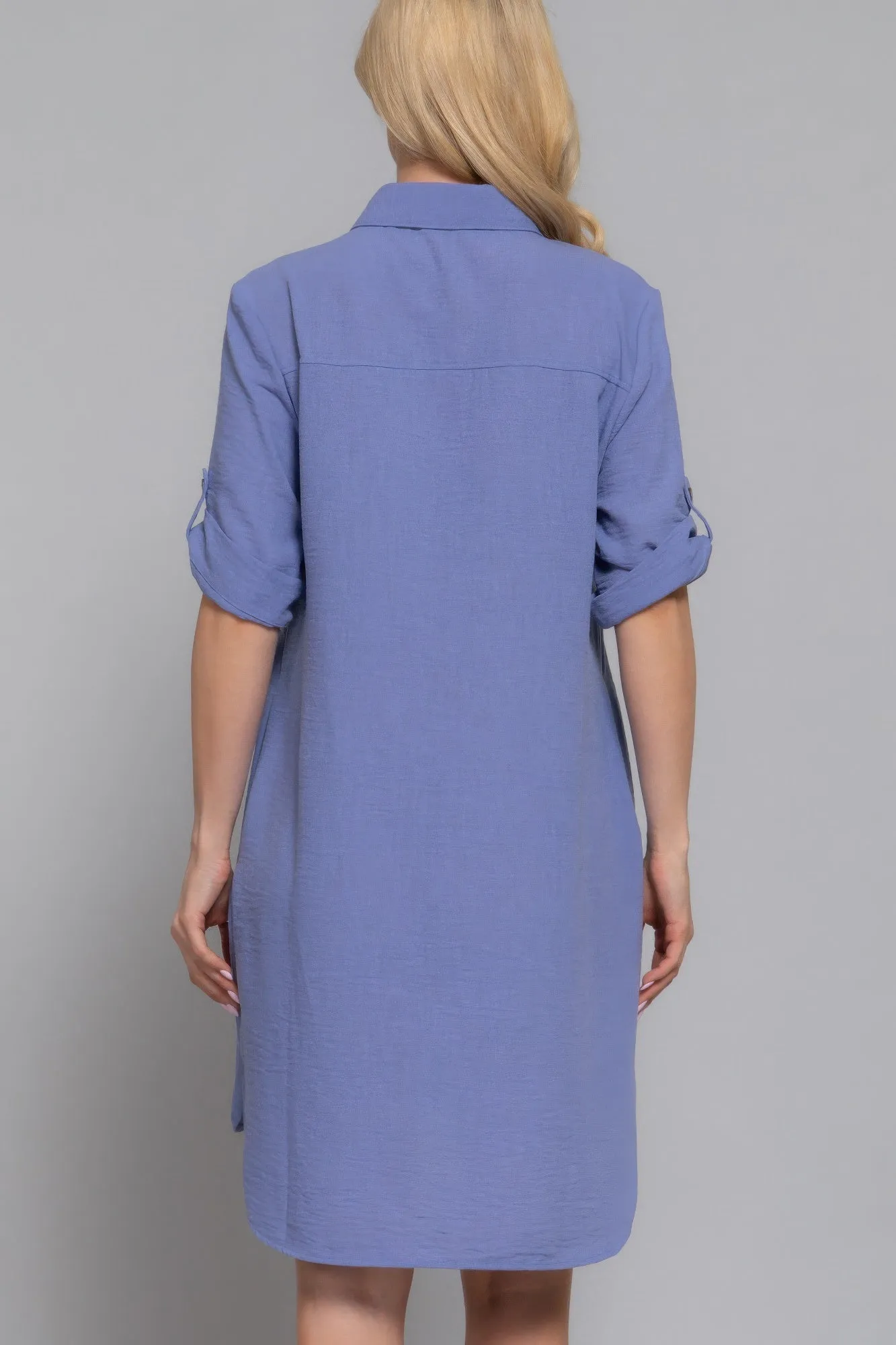 Roll Up Short Slv Straight Linen Effect Mini Dress