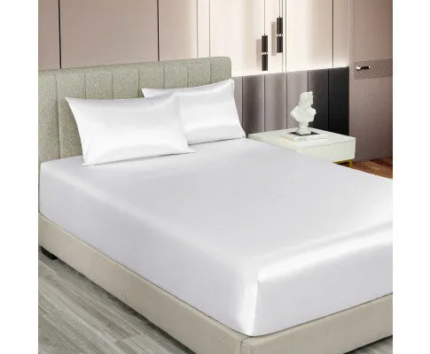Royal Comfort Satin Sheet Set 3 Piece Fitted Flat Sheet Pillowcases - White