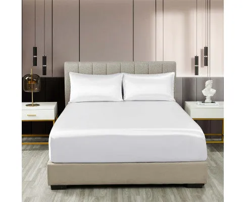Royal Comfort Satin Sheet Set 3 Piece Fitted Flat Sheet Pillowcases - White