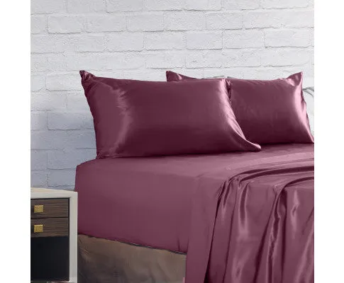 Royal Comfort Satin Sheet Set 4 Piece Fitted Flat Sheet Pillowcases - Malaga Wine
