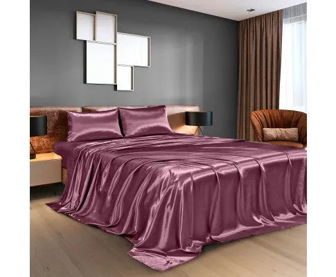 Royal Comfort Satin Sheet Set 4 Piece Fitted Flat Sheet Pillowcases - Malaga Wine
