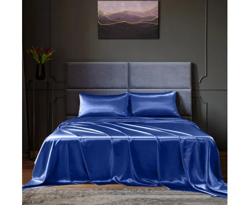 Royal Comfort Satin Sheet Set 4 Piece Fitted Flat Sheet Pillowcases - Navy Blue