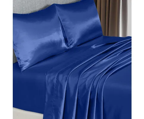 Royal Comfort Satin Sheet Set 4 Piece Fitted Flat Sheet Pillowcases - Navy Blue