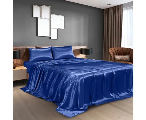 Royal Comfort Satin Sheet Set 4 Piece Fitted Flat Sheet Pillowcases - Navy Blue